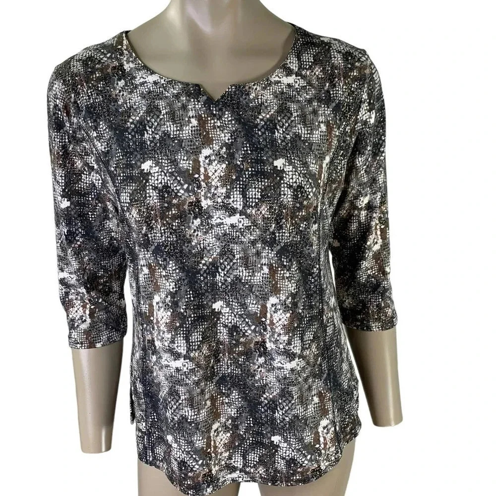 N Touch Metallic Pullover Stretchy Jersey Tops Blouse Women Size S Snakeskin
